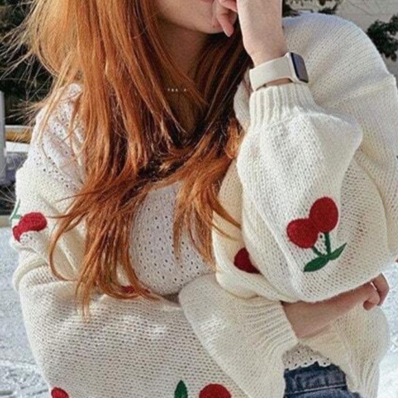Sweaters - Cozy Embroidered Cherry Open Front Loose Fit Cardigan